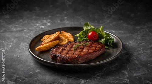 Delicious grilled steak with roasted potatoes and fresh salad on a plate.