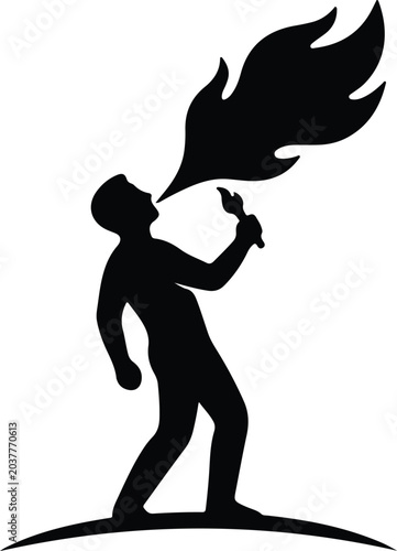 Fotografia Silhouette vector of a male fire breather performing a flame design
