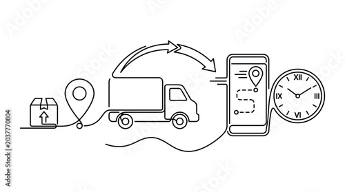 Minimalist continuous line drawing of a delivery truck tracking package shipments on a mobile phone