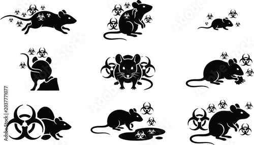Schilderij op canvas Infected Rat Biohazard Silhouette Vector Icon Set for Pest Control Services, Med