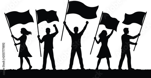 Protest Flag Silhouette Collection Featuring Public Demonstration, Social Activism, Political Movement, and Unity Leadership Concept Illustration