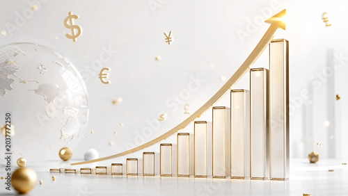 Golden arrow ascending a clear bar graph signifying global economic growth and financial market success with currency symbols