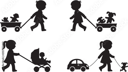 Quadro su tela Silhouettes of children engaged in imaginative play with toys, ideal vector illu