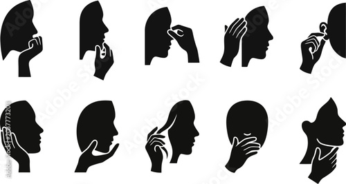Foto Human Face and Hand Gestures Silhouette Icon Set for Medical Diagnostics, Psycho