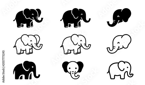 Photography Modern elephant icon collection vector black and white outline and silhouette se