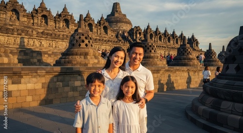 Happy Indonesian family with children visiting Borobudur temple during long weekend holiday, morning golden light on ancient Buddhist stone reliefs, wide angle shot showing temple grandeur with touris