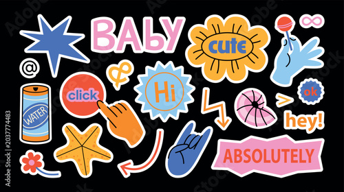 Colorful summer stickers and labels in cartoon style. Printable set of vector designs for decoration. Vacation, summer season, hand, lollipop, shell, starfish, figures, flower, button, tin can, signs.