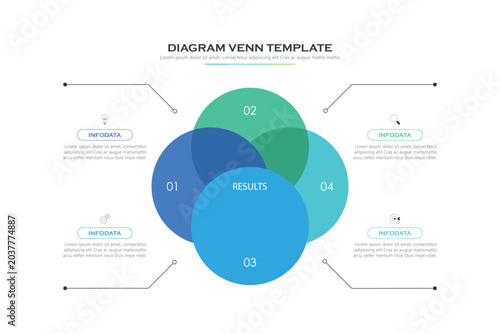 Venn diagram business infographic circle chart template 4 options, presentation with venn diagram elements vector illustration.