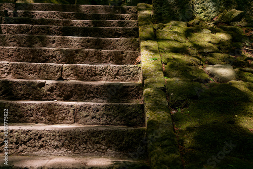 Japanese Traditional scene , Mossy Stone Stairs leading to Old Japanese Temple, Natural Zen Path Background