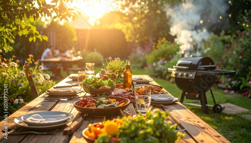 Sommerlicher Grillabend im Garten mit Freunden
