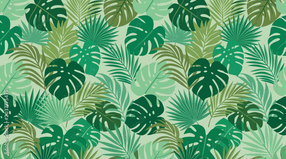 Fototapeta premium A lush flat design seamless background presenting a dense, repeating pattern of overlapping tropical leaves in various shades of green. 
