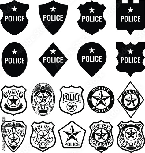 Professional Police Badge and Shield Vector Icons – Black and White Law Enforcement Symbols for Logos, Designs, and Branding