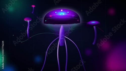 Glowing purple mushrooms with neon lights on a dark background with colorful spots