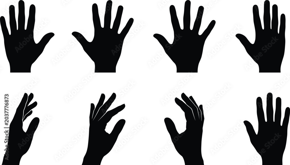Fototapeta premium Silhouettes of human hands in varied gestures and positions, ideal vector illustration for anatomy, communication, and design projects