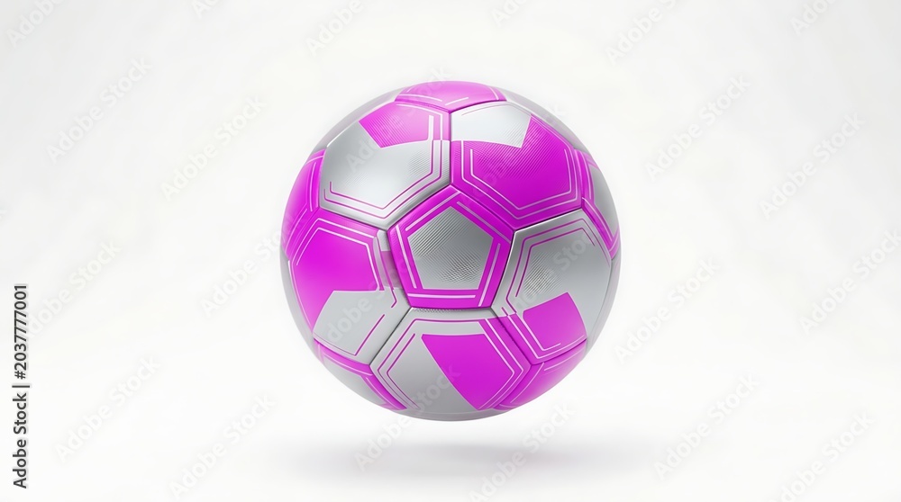Naklejka premium Modern soccer ball with vibrant pink and silver panel design hovering against clean white background.