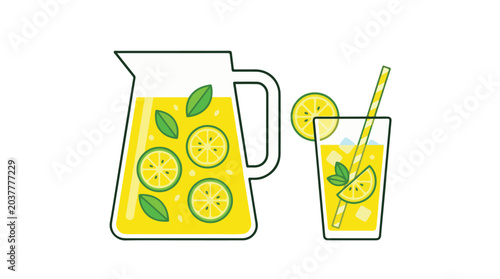 Refreshing Lemonade Pitcher and Glass with Lemon Slices and Mint Leaves Illustration