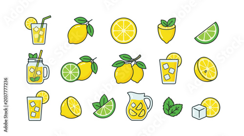 Assortment of Lemonade, Limeade, and Citrus Drink Icons with Fruits and Mint Elements