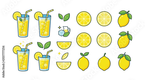 Collection of Lemonade Glasses, Lemons, and Citrus Elements Icons on White Background