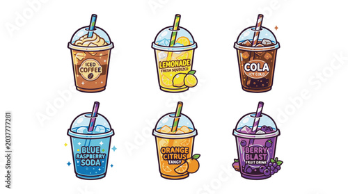 Collection of Six Colorful Iced Coffee and Fruit Soda Drinks in Plastic Cups