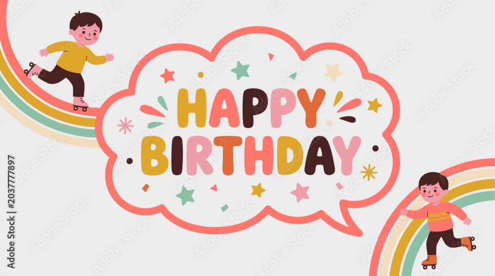 Naklejka premium Children celebrate birthday with colorful decorations and joyful illustrations
