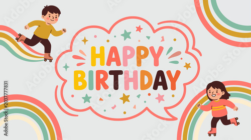 Canvastavla Two children running around a colorful happy birthday speech bubble with rainbow