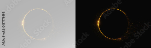 Valokuva Glowing golden ring frame with sparkling stardust isolated on grey and black bac