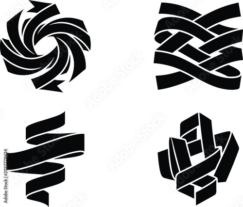 A assortment of four conceptual ribbon designs featuring black monochromatic shapes on a plain white backdrop.