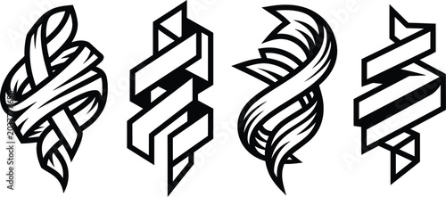 Bilde på lerret A assortment of artistic non-representational ribbon elements with intricate flowing designs in a flat black and white manner