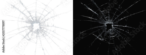 Tableau sur toile Broken glass texture with bullet hole cracks isolated on white and black backgro