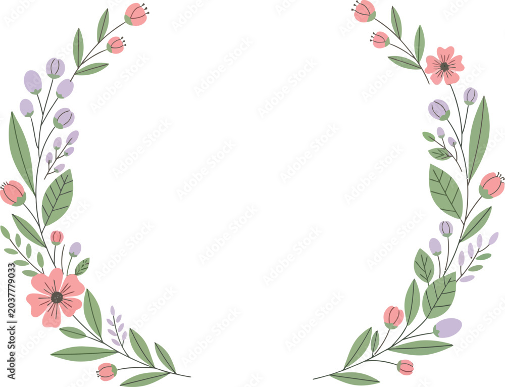 Fototapeta premium Floral wreath with delicate leaves and blossoms vector illustration isolated on transparent background