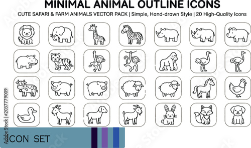 Foto Print Minimal Animal Outline Icons - 28 Cute Safari and Farm Animals Vector Pack