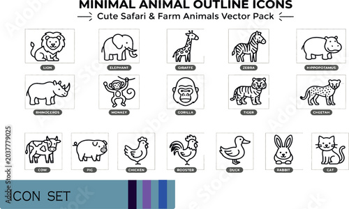 Bild auf Leinwand Print Minimal Animal Outline Icons - Cute Safari and Farm Animals Vector Pack fo