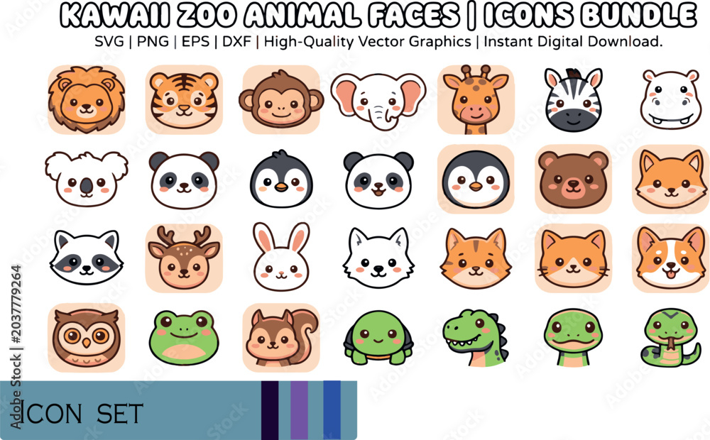 Obraz premium Print Kawaii Zoo Animal Face Icons Bundle - Cute Cartoon Clipart Set for Kids Stickers Education Crafts and Sweet Nursery Designs