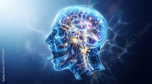 Neural Connectivity. Transparent human head profile with glowing brain and nervous system, conceptual illustration of consciousness and cognitive science for medical research projects.