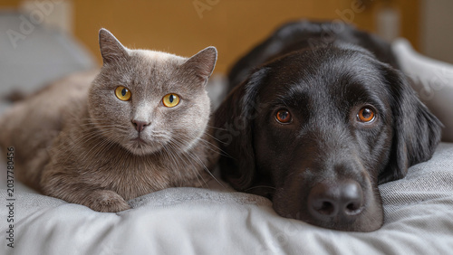 Close-up of a grey cat and black Labrador Retriever relaxing together on a cushioned surface. Focused, direct gaze. Domestic harmony, pet friendship concept. 
