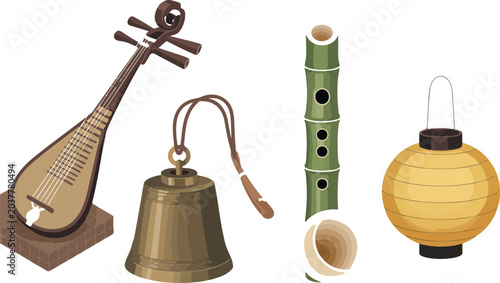 Bild auf Leinwand Traditional Asian musical instruments and cultural objects set featuring pipa lu