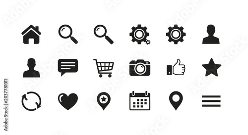 Collection of black interface icons on white background.