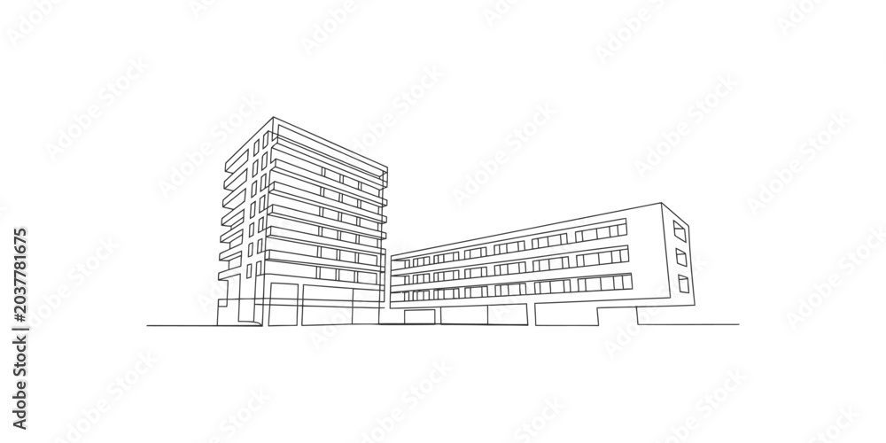 Naklejka premium A line drawing of a large building complex with multiple levels and windows on a white background