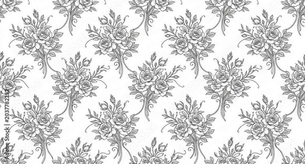 Fototapeta premium Vintage rose floral bouquet seamless pattern elegant black and white fashion vector design