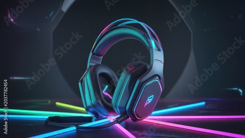 Gaming headset with colorful neon lights on transparent background for futuristic tech