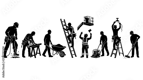 Construction workers in various tasks silhouette.