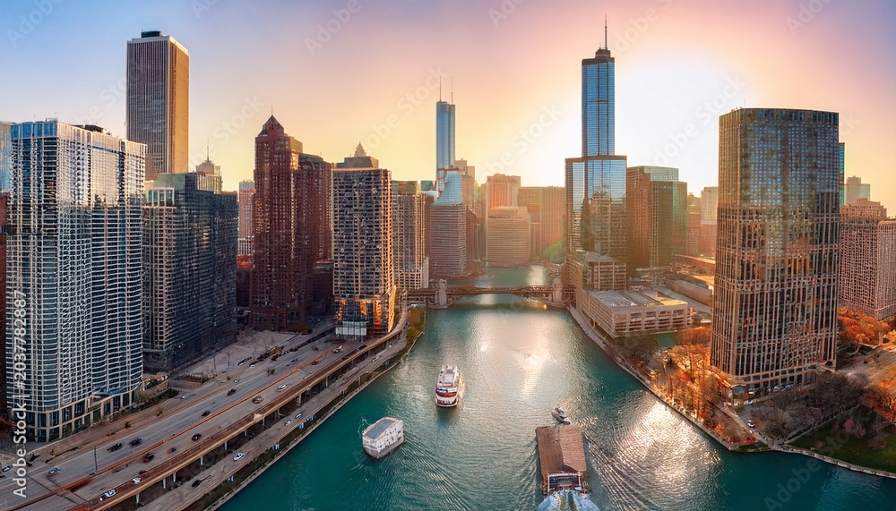 Obraz premium chicago river with boats and traffic from above in the morning