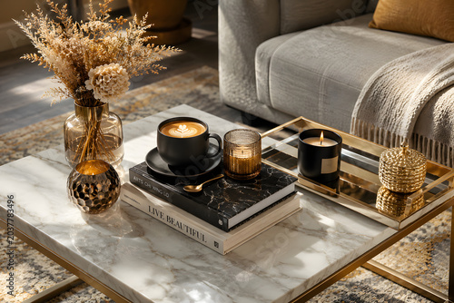 Luxury Coffee Table Setup with Modern Home Decor and Cozy Interior Design