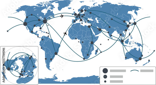 World map illustrates international flight paths connecting major global cities through aviation network hubs.
