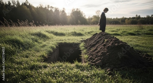 A solitary figure stands over an open grave in a field at sunset.