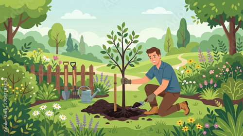 Man Planting Young Tree in Garden