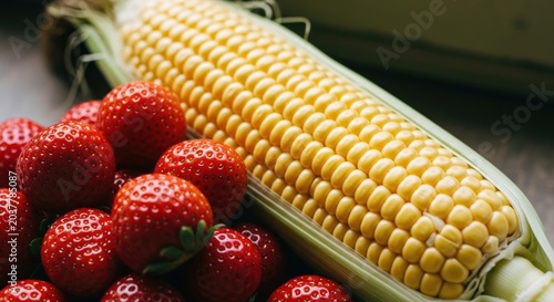 Fresh Corn Cob and Ripe Strawberries Arrangement.