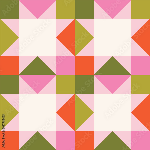 Geometric quilt block seamless pattern built from squares, triangles and diamonds. Patchwork traditional tile in a modern style and colors. Bold colour-blocked forms texture. Retro-inspired design