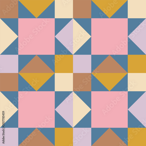 Geometric quilt block seamless pattern built from squares, triangles and diamonds. Patchwork traditional tile in a modern style and colors. Bold colour-blocked forms texture. Retro-inspired design