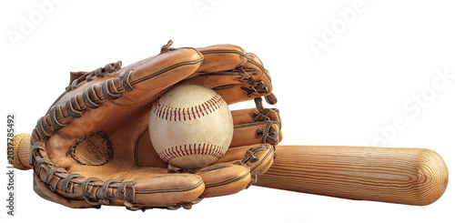 baseball ball, stick and glove
